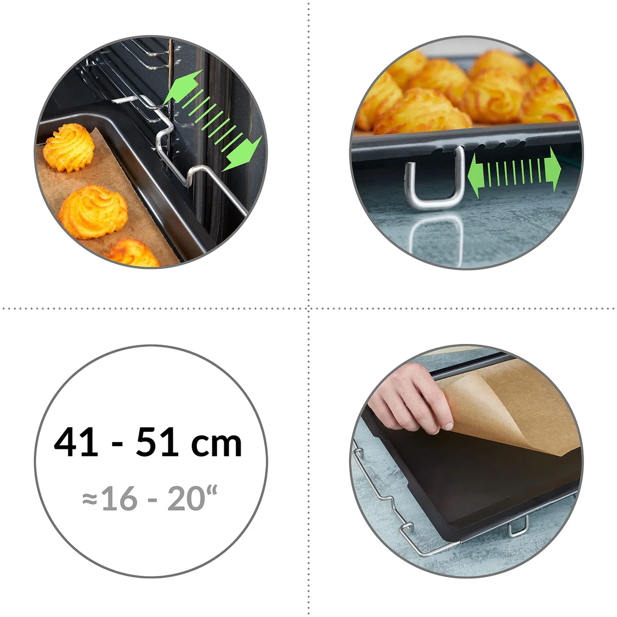 Grizzly Backblech Größenverstellbar, Ofenblech von 41 bis 51 cm Ausziehbar, mit 2 cm Hohem Rand, Verstellbares Backofenblech, Antihaftbeschichtung, 33 cm Breite