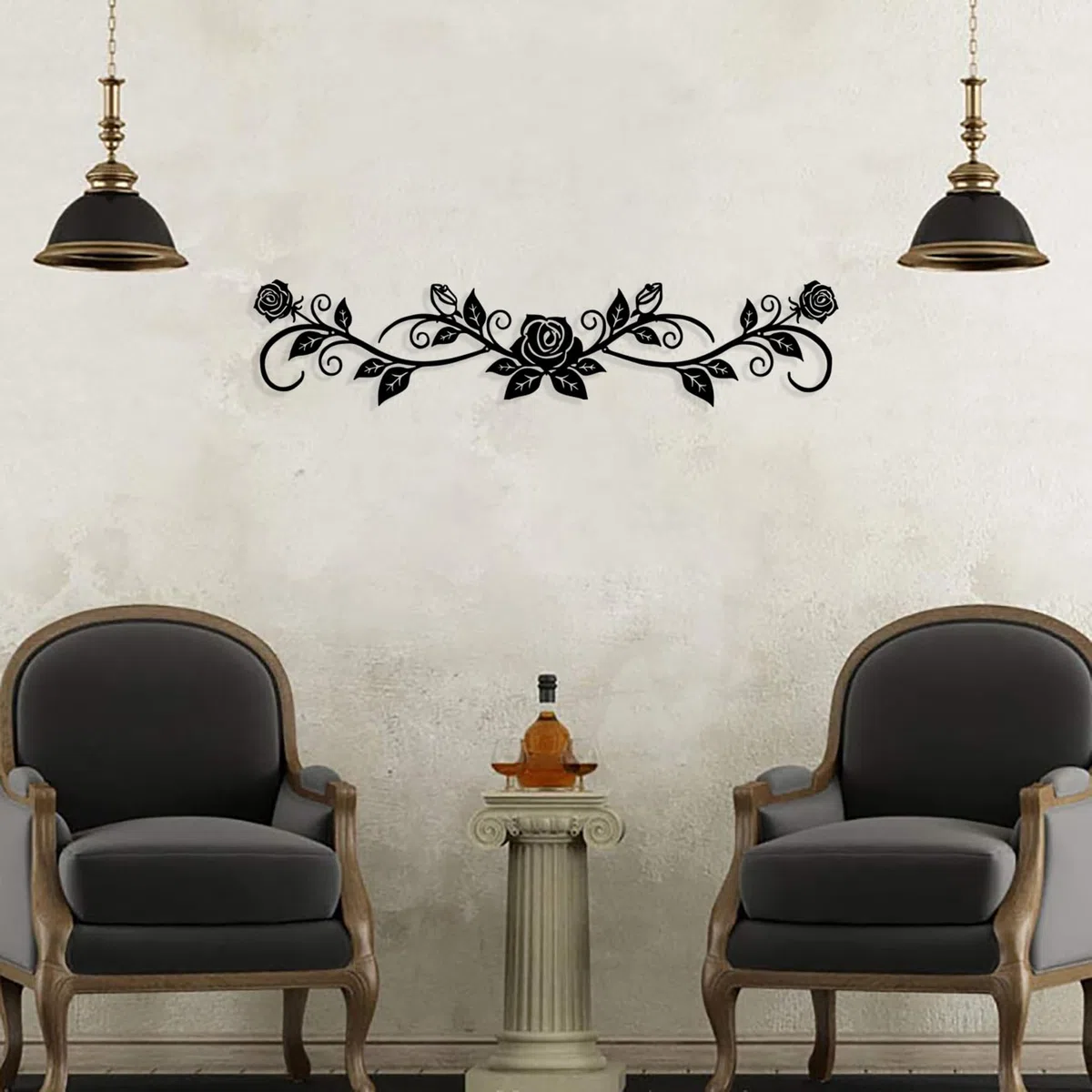 DUOOLN Groß Metall Wanddekoration,Langes Eisen Rosenblüte Ranken Dekor,Moderne Geometrische Wanddek, Schwarze Metall-Wanddekoration für Bauernh Zuhause, Schlafzimmer, Wohnzimmer (73.66 x 16 cm)