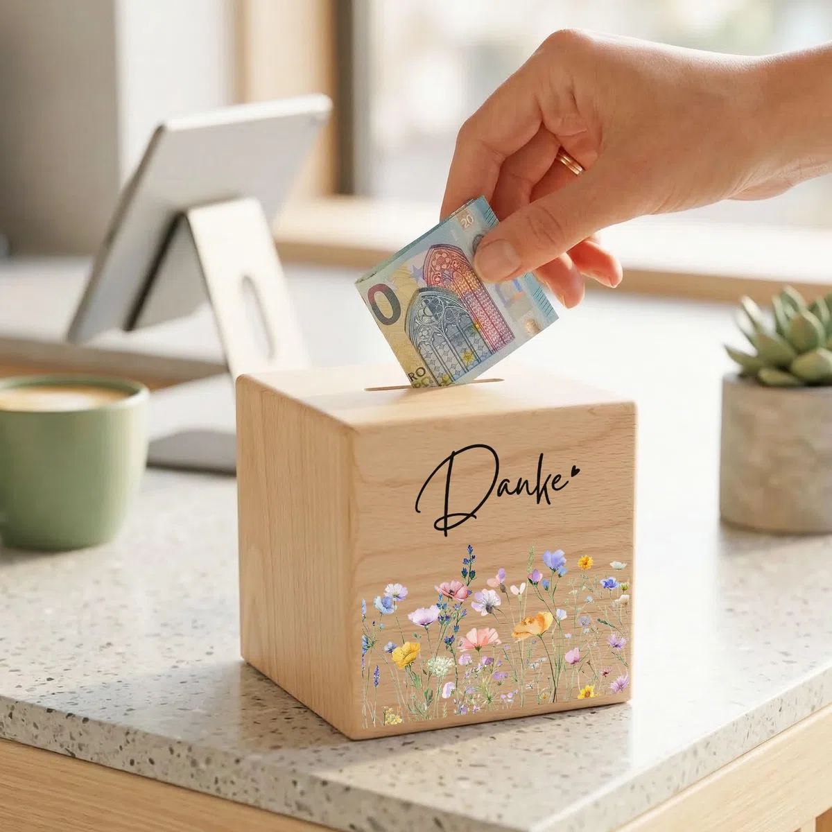 Trinkgeldkasse Wildblumen Danke Kaffeekasse Spardose aus Holz Trinkgeld Sparkasse Holzspardose