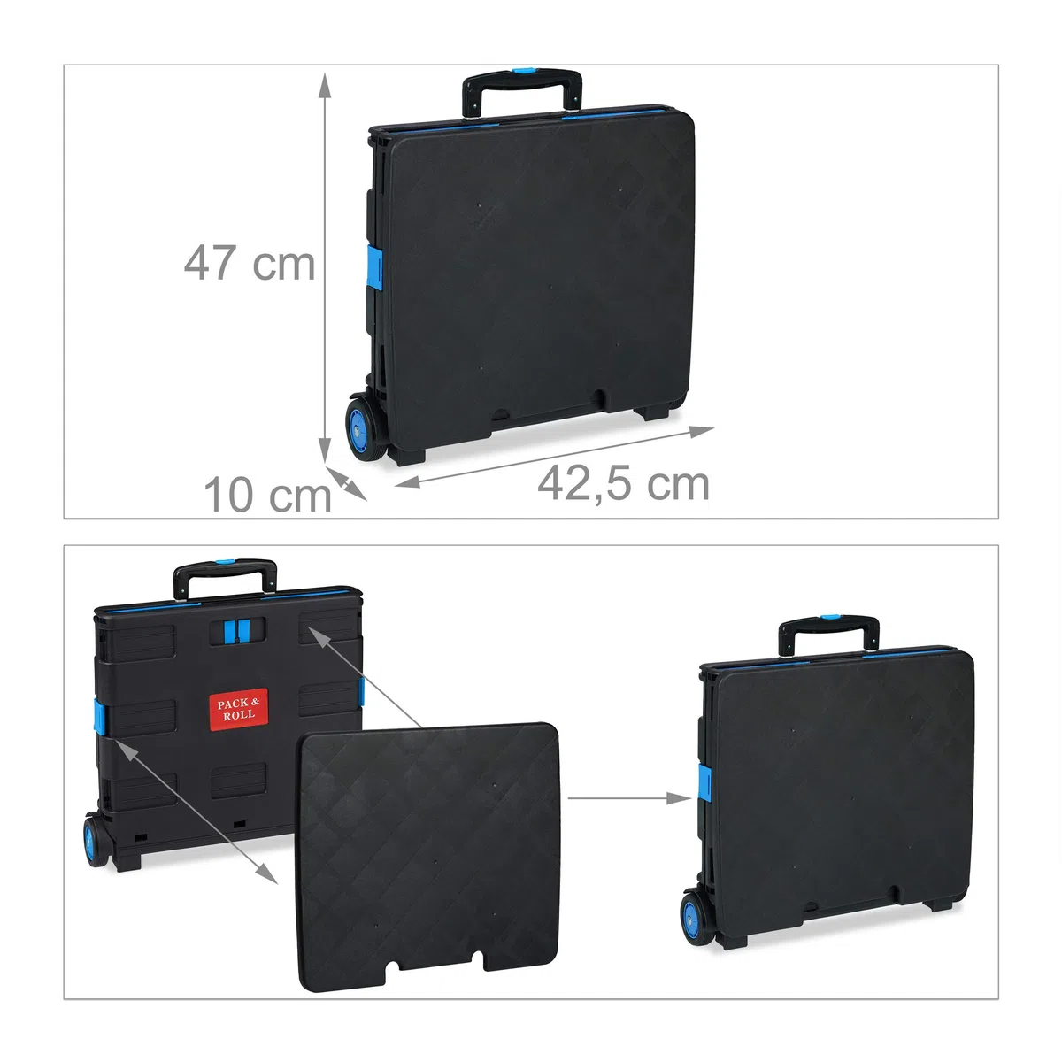Relaxdays Einkaufstrolley klappbar, bis 35 kg, 50 l Kiste, mit Teleskopgriff, 2 Rollen, Transport Trolley, blau/schwarz