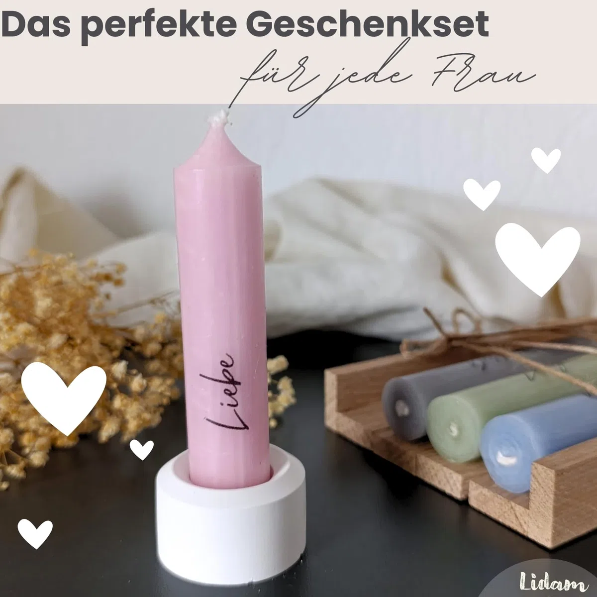 Kerzen Geschenkset | nimm dir, was du brauchst | Kerzenhalter & Trockenblumen – stilvolle Geschenke für Frauen, Freundin, Geschenke für Mama, Lieblingsmensch, Geschenkset Frauen