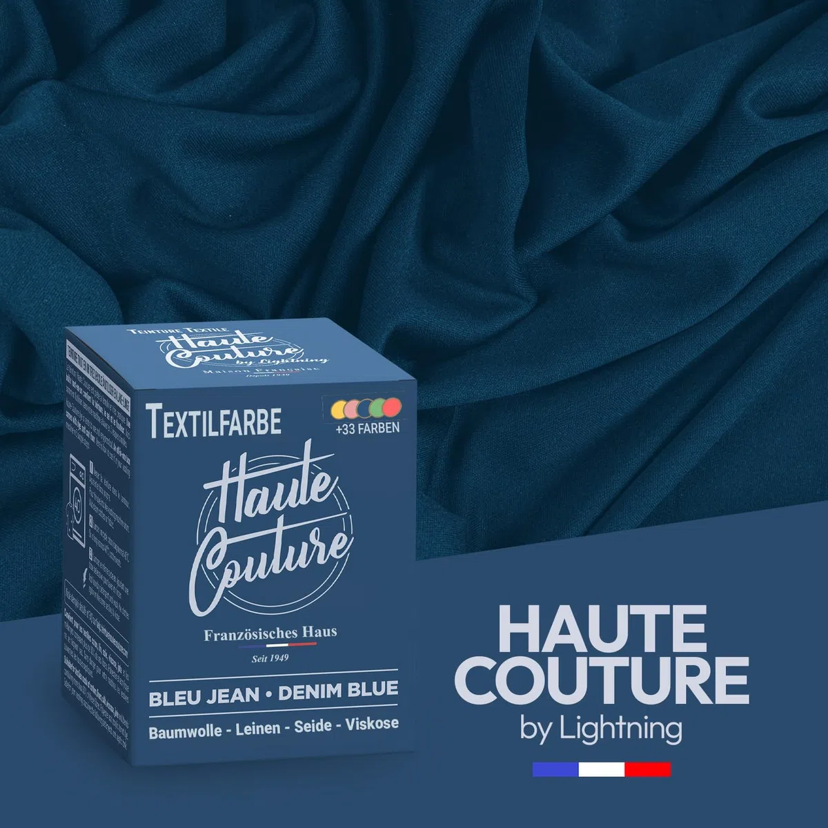 Haute Couture - Blau Textilfarbe - JeansBlau - 350g - Alles-in-Einem - Gebrauchsfertig für Kleidung und Stoffe