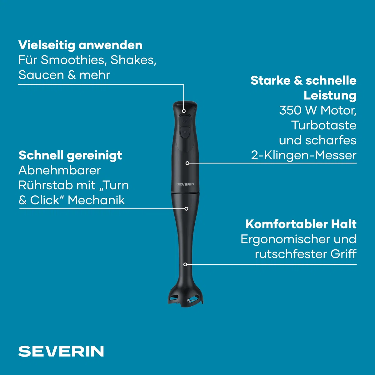Severin Stabmixer zum Pürieren und Zerkleinern, Mixstab, abnehmbarer Mixfuß, Turbotaste, 2-Klingen-Messer, einfache Reinigung, rutschfester Griff, für Smoothies, Shakes, Saucen, 350W, schwarz, SM 3760