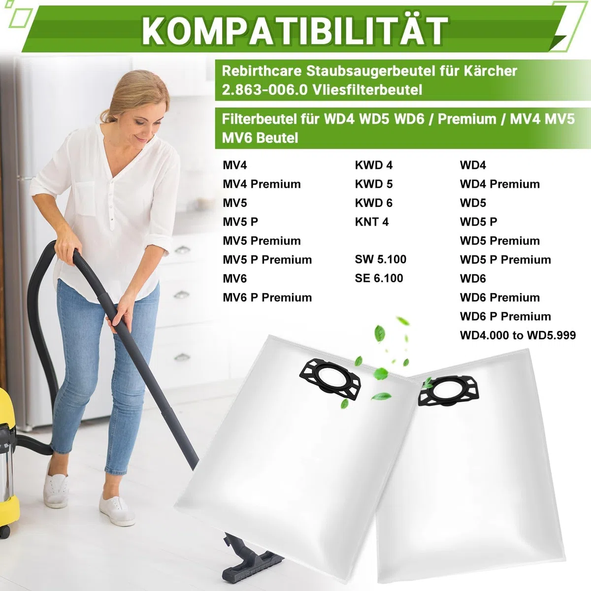 Rebirthcare 15 stück staubsaugerbeutel für kärcher 2.863-006.0 vliesfilterbeutel 487 ersatzbeutel wd4 wd5 wd6 wd5p wd6p premium mv4 mv5 mv6 beutel filtertüten nass & trockensauger staubbeutel bags