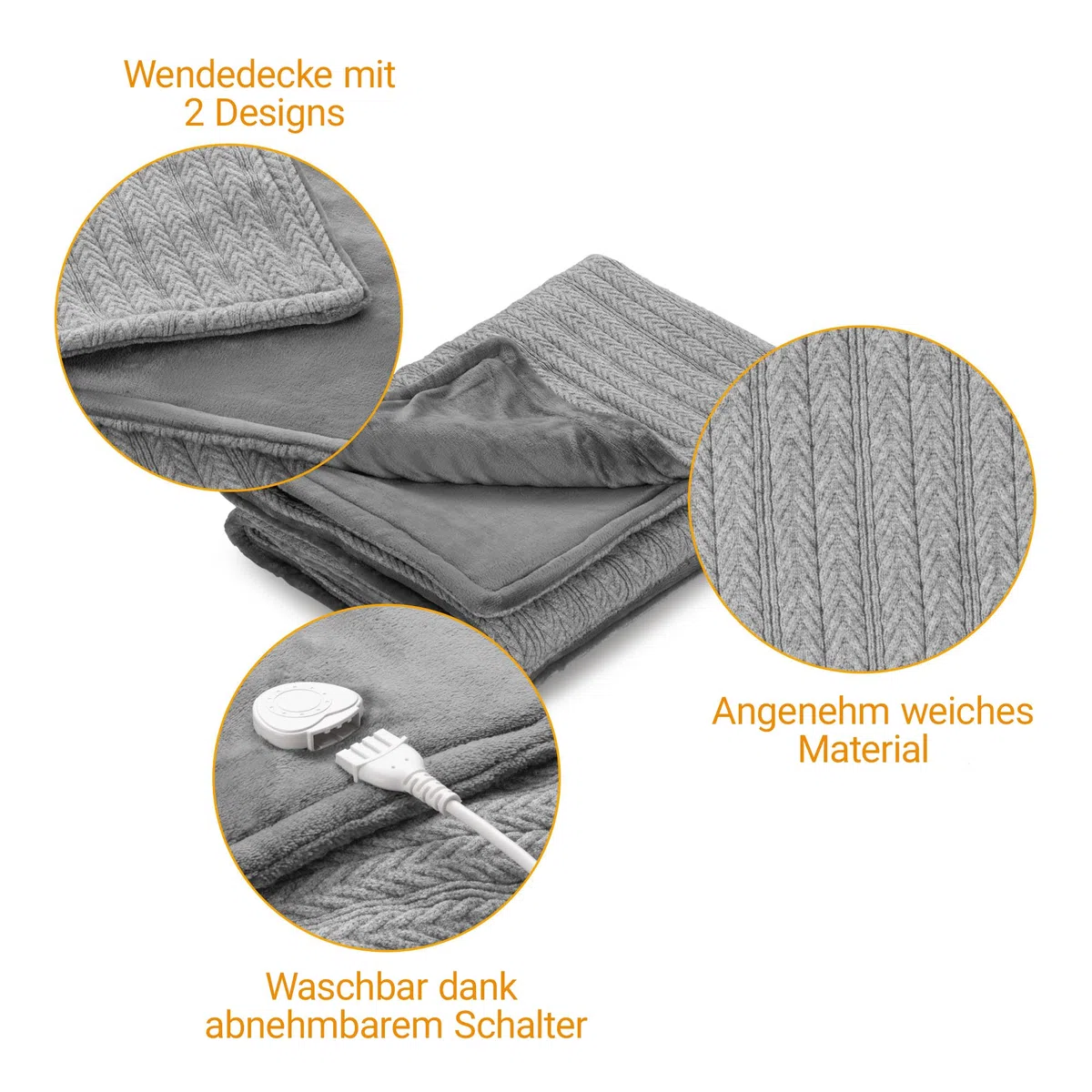 medisana HB 680 Kuschelheizdecke, Kuscheldecke im Strickmuster mit Abschaltautomatik, waschbar, Grau, 3 Temperaturstufen 160 x 120 cm, 2-farbig Wendeoptik
