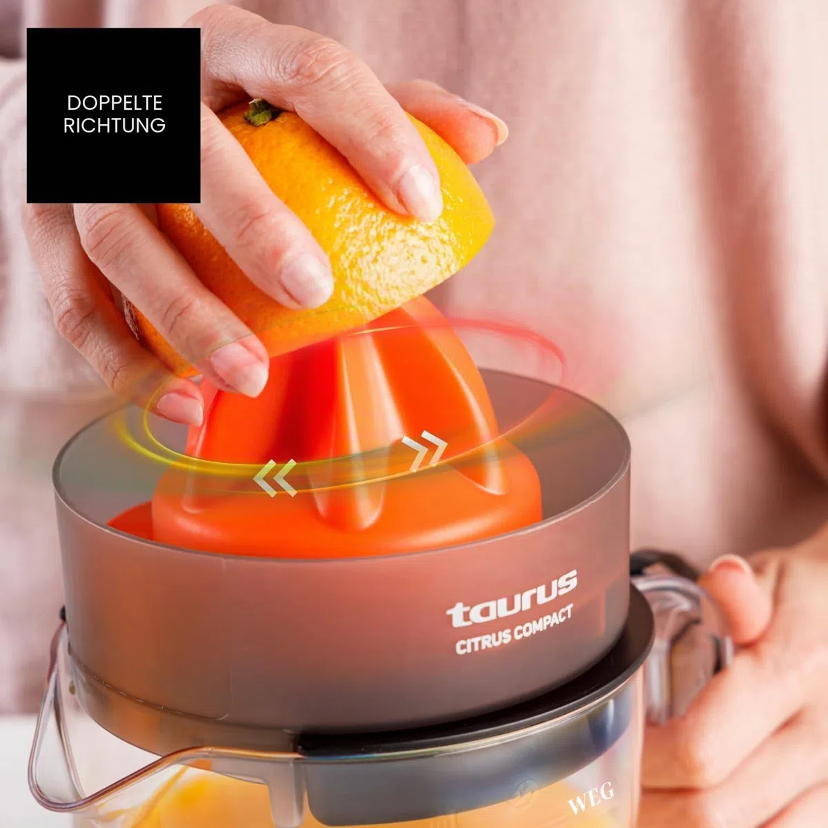 Taurus - Elektrische Zitruspresse Citrus Compact | Doppelte Rotationsrichtung | Extra großer Presskegel | Abnehmbar & spülmaschinenfest | Platzsparendes Design | BPA-frei | 800 ml