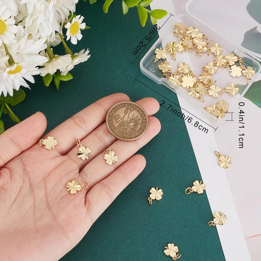 Beebeecraft 1 Box 40 Stück Vierblättriges Kleeblatt Anhänger 18 Karat Vergoldet Glückskleeblatt Charms Aus Gold Mit Springendem Ring Für Armbänder Halsketten DIY