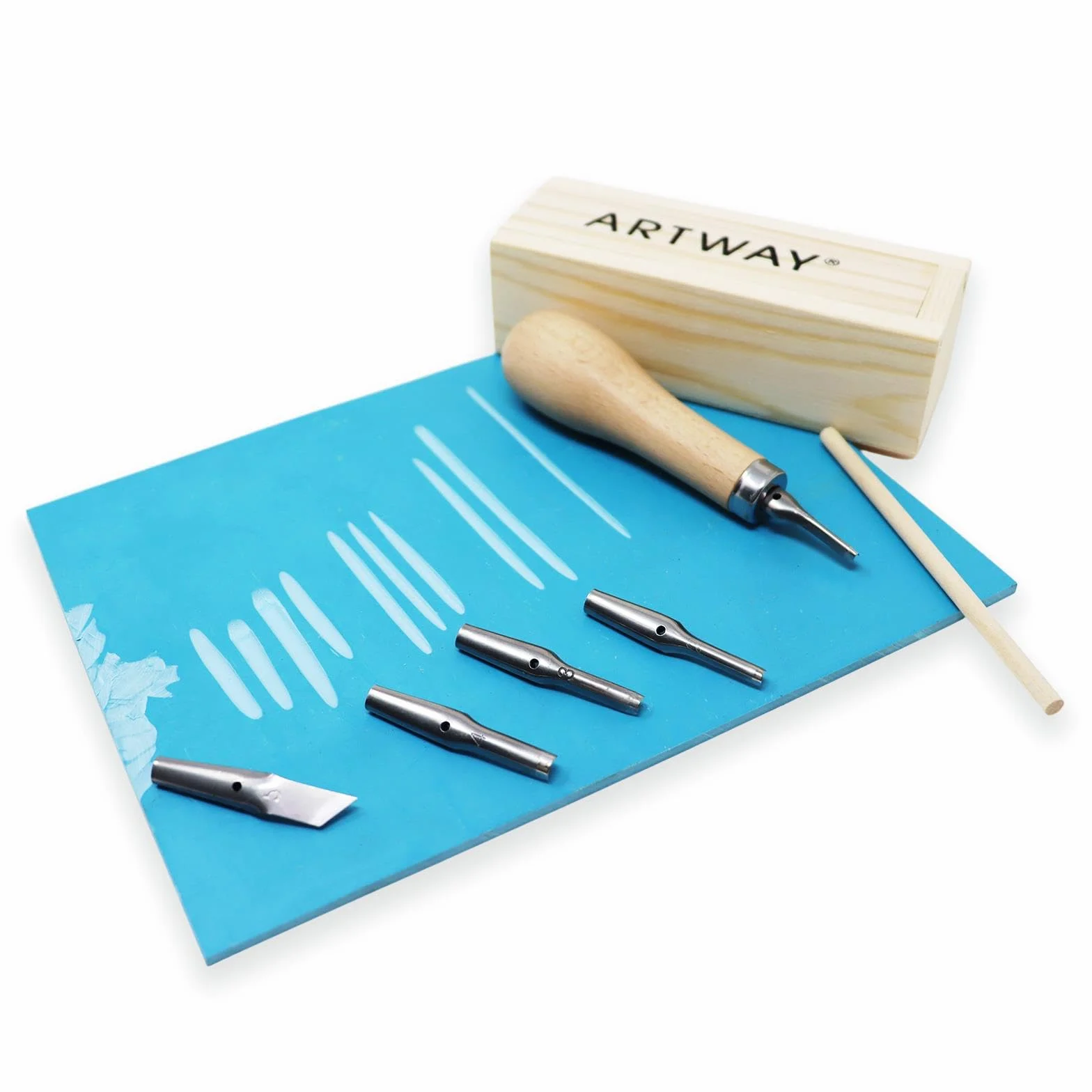 Artway Lino Cutting Tools – Ideal for Relief Printmaking – 5 Assorted Cutting Nibs and Ergonomic Handle in Wooden Storage Box