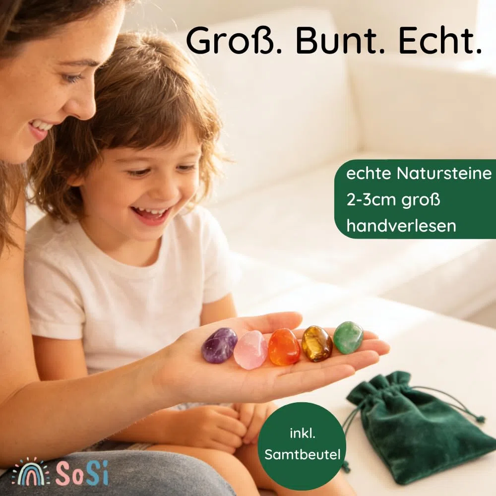 SoSi Edelsteinmix im grünen Samtbeutel, min. 30 echte Trommelsteine 2-3cm, 450g, Glückssteine, Halbedelsteine, Heilsteine, Amethyst, Tigerauge, Rosenquarz inkl. Buch „Steinmomente