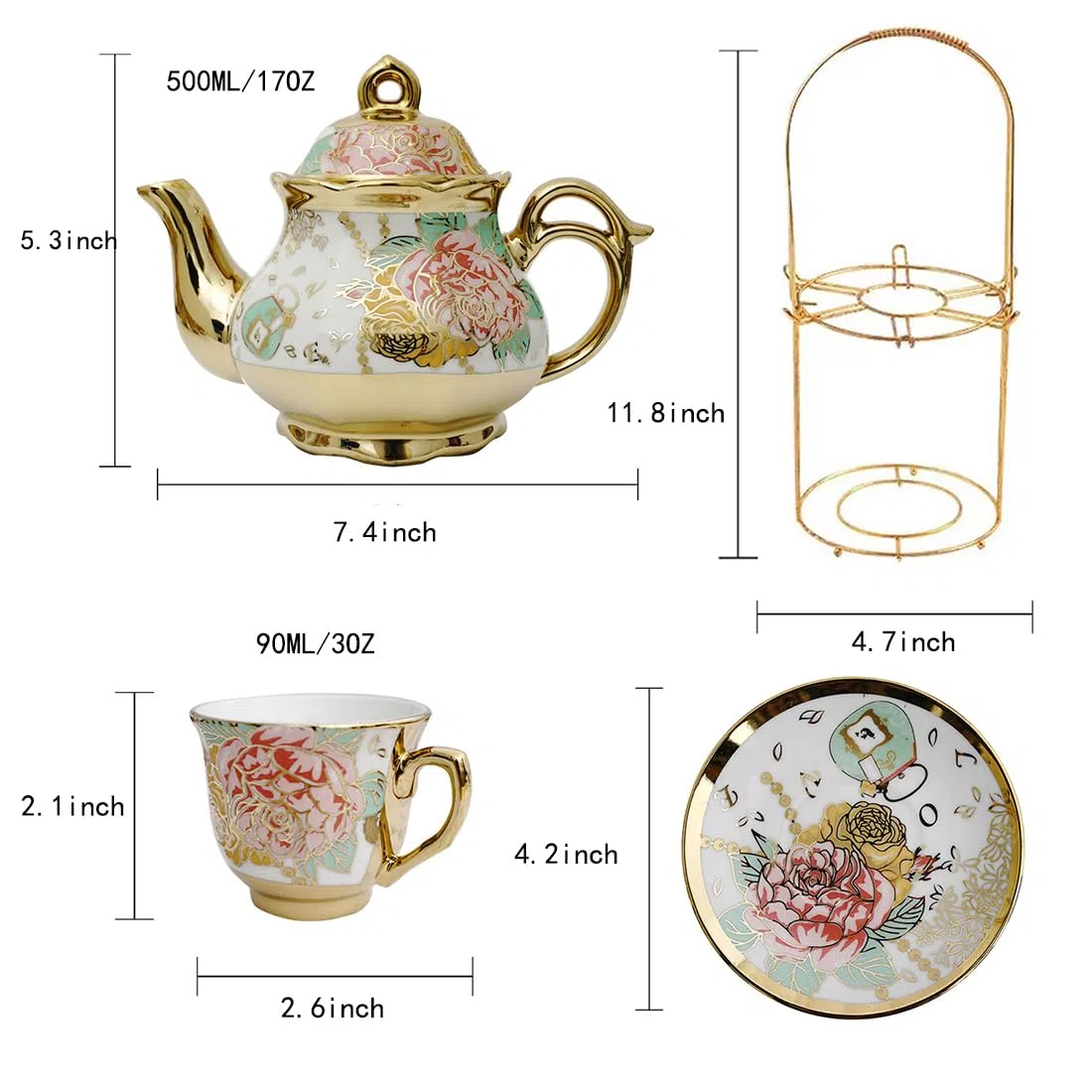 Gold Plated Red Rose Ceramic Tea SetS, Vintage Tea Set with Teapot, Beautiful Tea Set Coffee Serving 6 People (Gold, Medium)