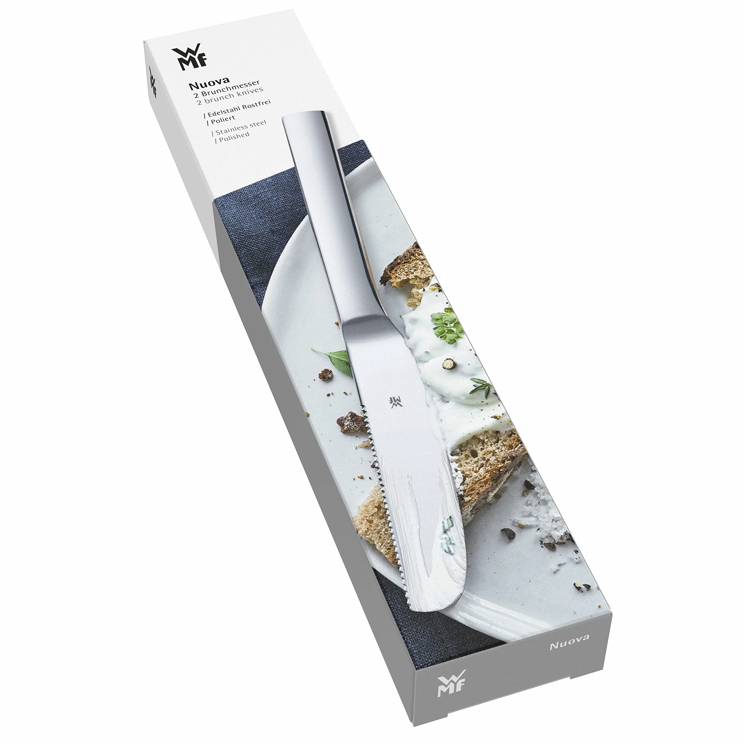 WMF Nuova Brunchmesser Set 2-TLG, Frühstücksmesser 19,5 cm, Brötchenmesser Wellenschliff, Brotzeitmesser, Cromargan Edelstahl poliert