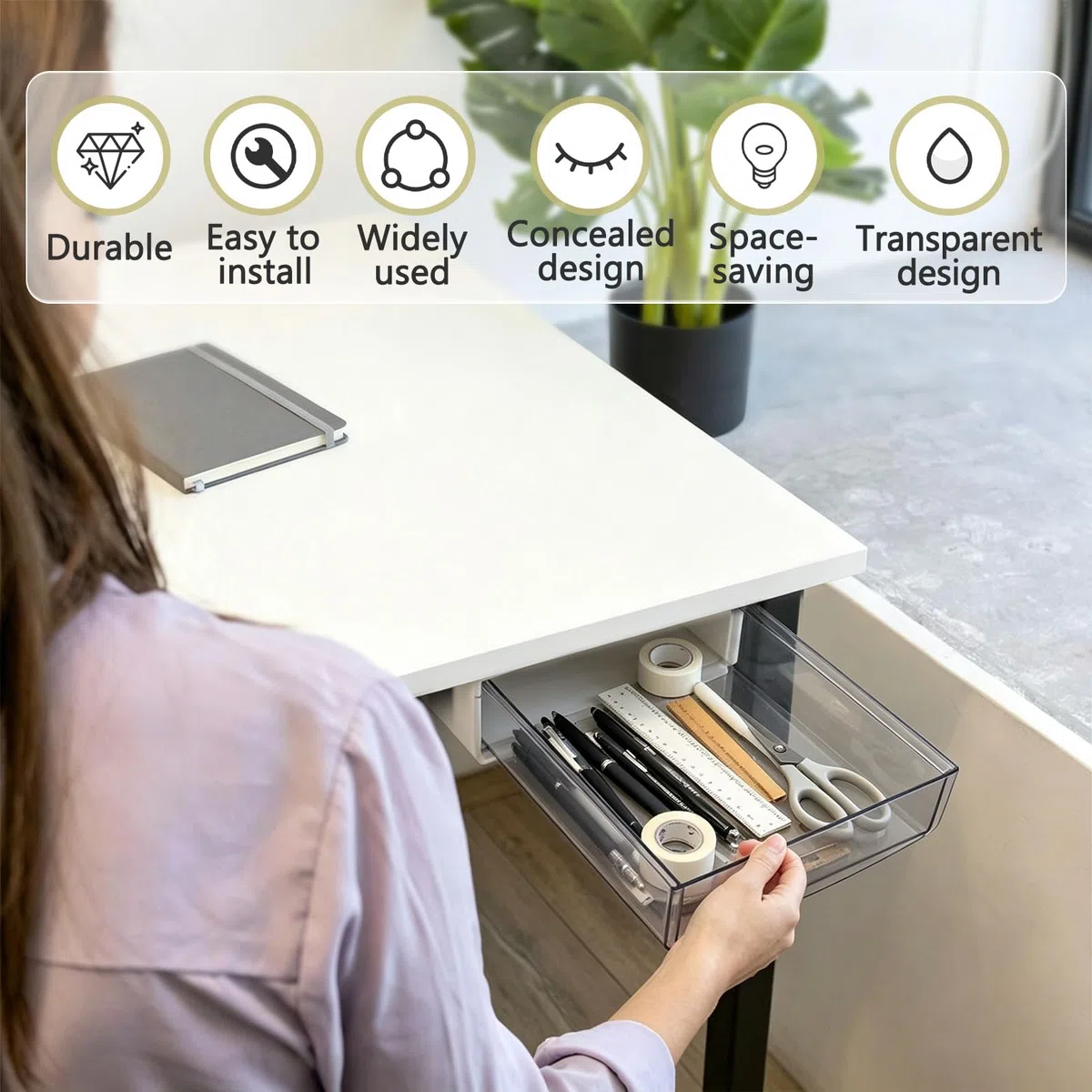 CHENGCKJ 2 Stück Schublade unter Schreibtisch 1,7L Schubladen Selbstklebende Aufbewahrungsbox 21x18x5,4cm Versteckte Organizer ohne Perforation Schubladenbox für Zuhause Büro
