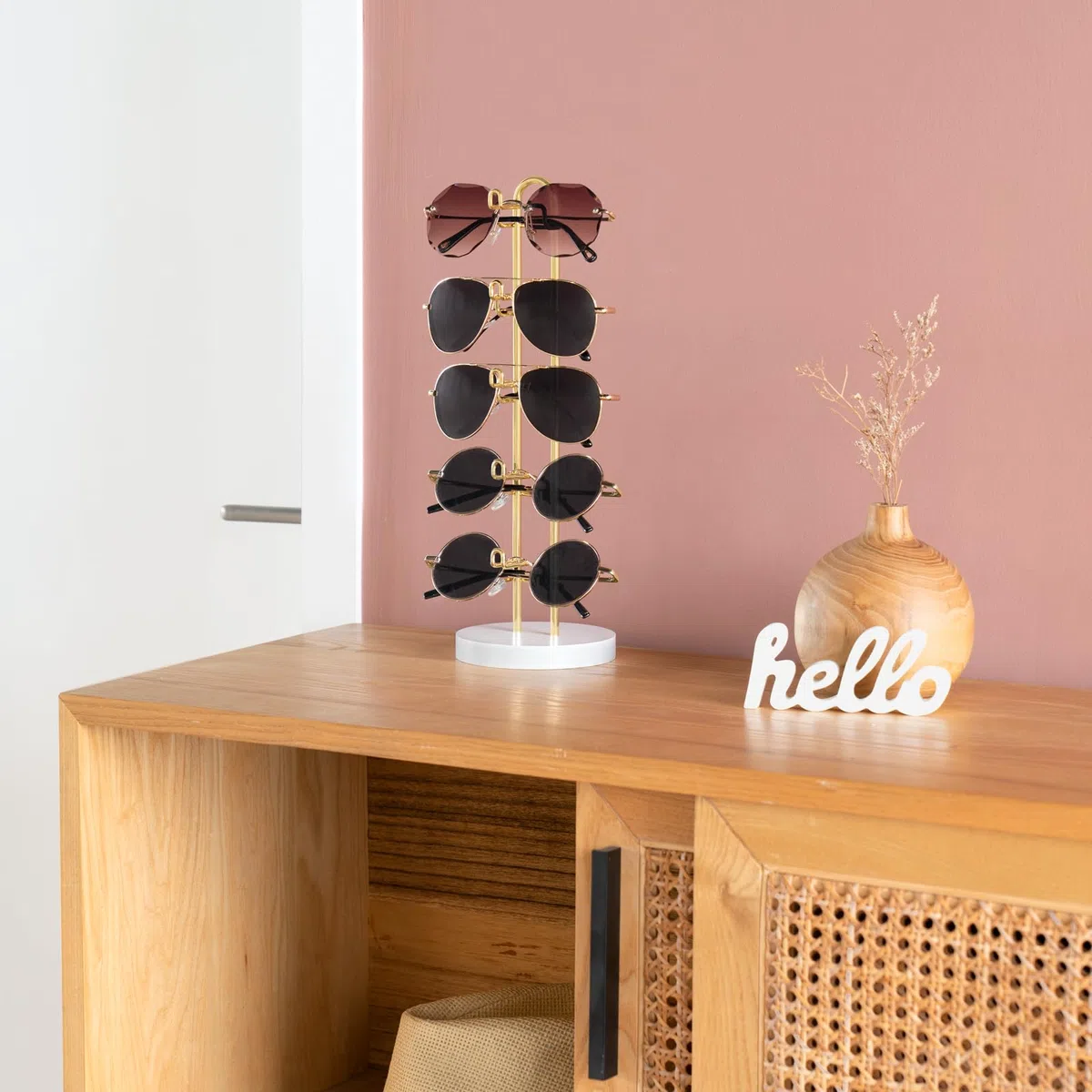 Mkono Sonnenbrillen-Organizer, Brillenhalter, Ständer, Sonnenbrillen-Aufbewahrung, Brillenregal, Metallrahmen mit Holzsockel, für 5 Paar Brillen-Display für Tisch, Schreibtisch, Dresser, Gold