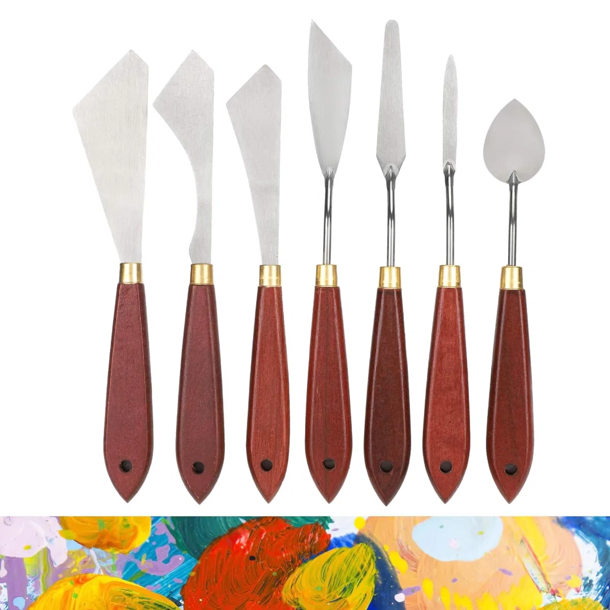 Fyearfly Edelstahl Palettenmesser, 7 Stück Malerei Messer Set Malerei Mischen Schaber, Malerei Kunst Spatel mit Holz Griff, Malerei Messer Werkzeuge für Aquarell, Ölgemälde, Gouache, Acrylmalerei
