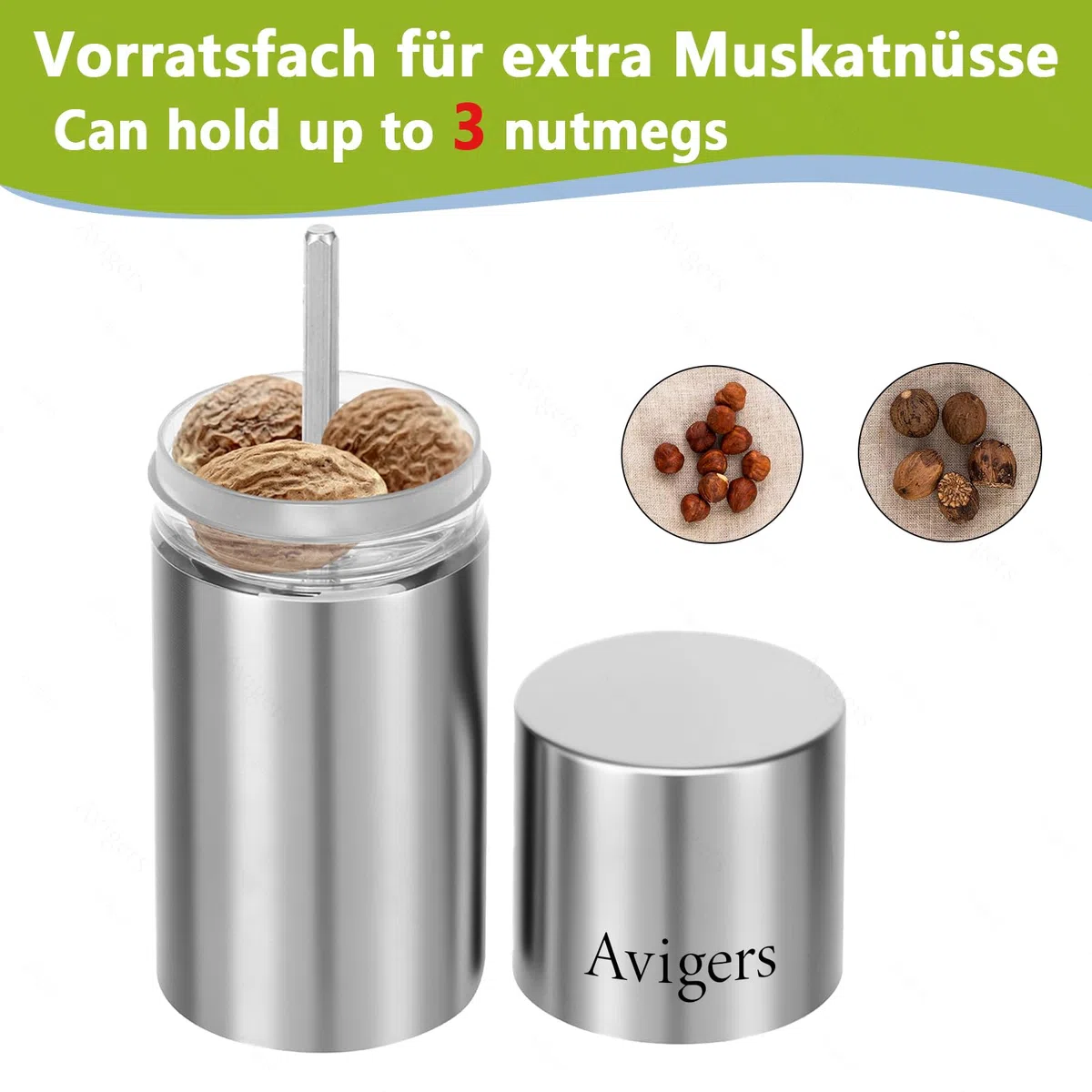 Muskatnuss Mühle mit Speicherbehälter, Scharfer Stahlmühle für Feinstes Muskatnusspulver, Muskatnuss Reibe für Myristica, Muskatnussmühle, Gewürze und Nüsse, muskatmühle für Vier Muskatnüsse