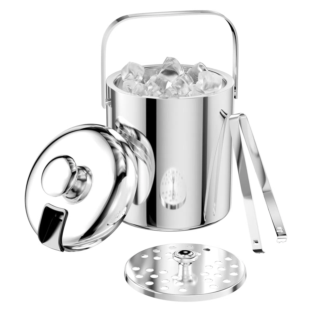 Eiswürfelbehälter mit deckel 1.3L, Eiswürfelbehälter Edelstahl mit Sieb und Eiszange, Doppelwandig Isoliert, Tragbarer Eiskübe Ideal für Bier, Wein, Champagner, Für Bar, Party, Camping & Grillen