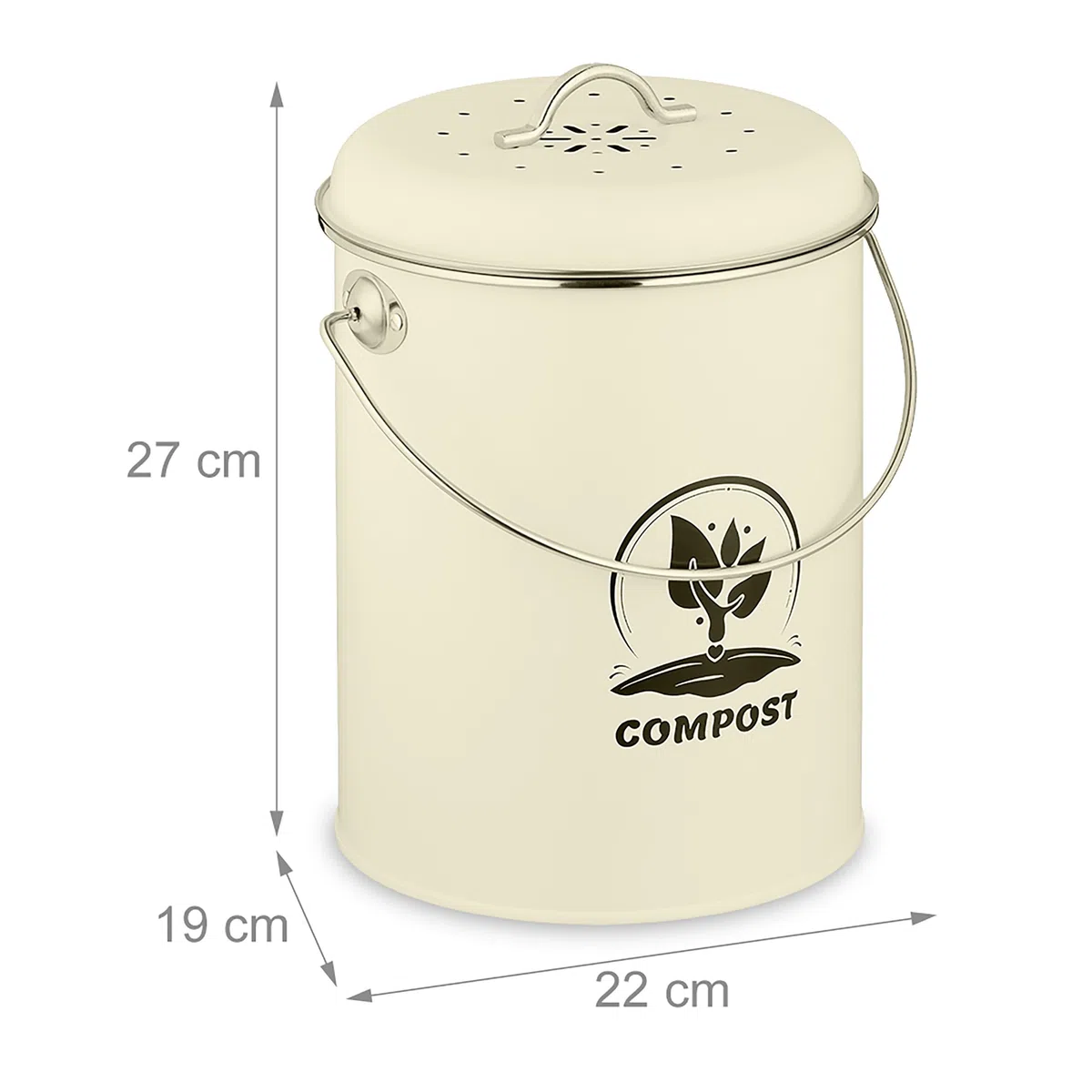Relaxdays Komposteimer Küche 5,5 Liter, Mülleimer mit Deckel und Geruchsfilter, Abfalleimer Biomüll, Eisen, Creme