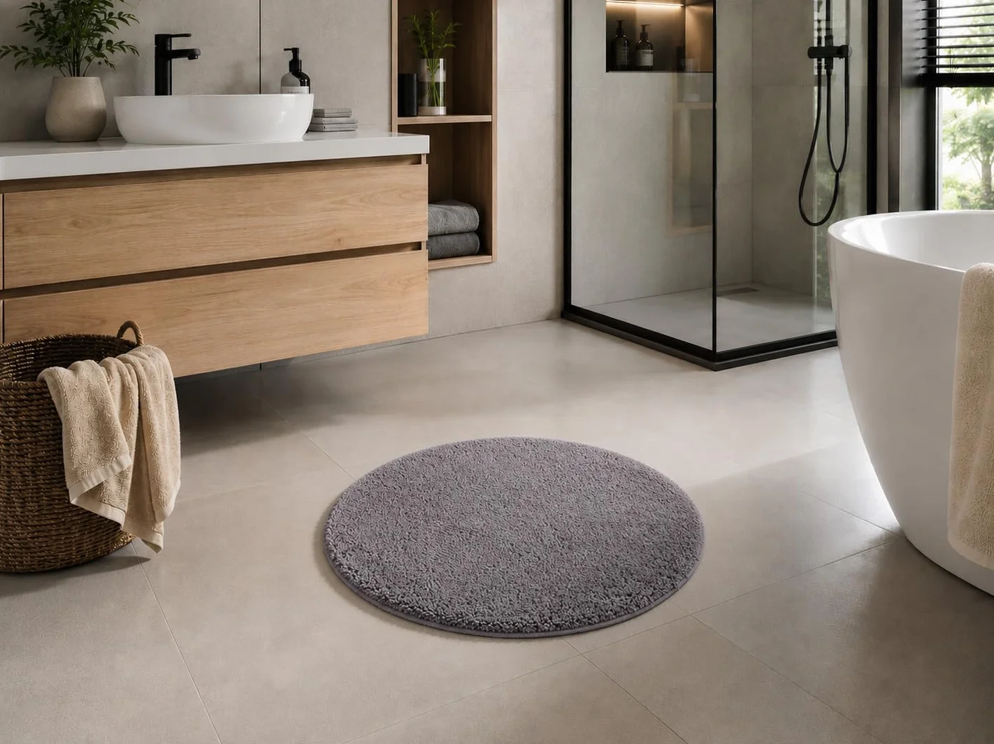 Brandsseller Badezimmerteppich Ø 60 cm Badvorleger Badematte Badteppich rund Chenille rutschfest saugstark maschinenwaschbar - Grau