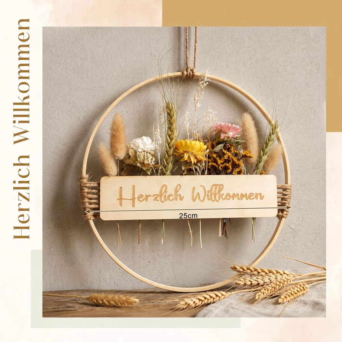 Trockenblumenkranz, 25 * 25cm Willkommen Türkranz Deko, Türkranz Sommer Boho Türdeko Ganzjährig Willkommensschild Haustür Hängedeko Trockenblumen Kranz für Wand Fenster Hochzeit Wohnzimmer Deko