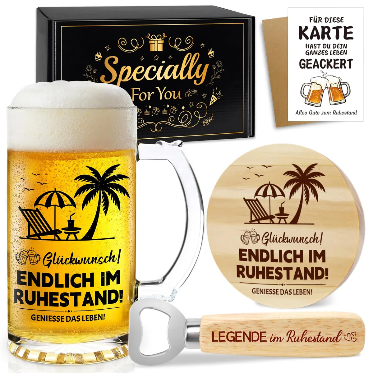 Ruhestand Geschenk Biergläser Set, 0,5 Bierglas mit Gravur und Flaschenöffner, Rentner Geschenk Mann, Renteneintritt Personalisierte Geschenke für Männer Papa Ehemann Opa Freund Kollegen
