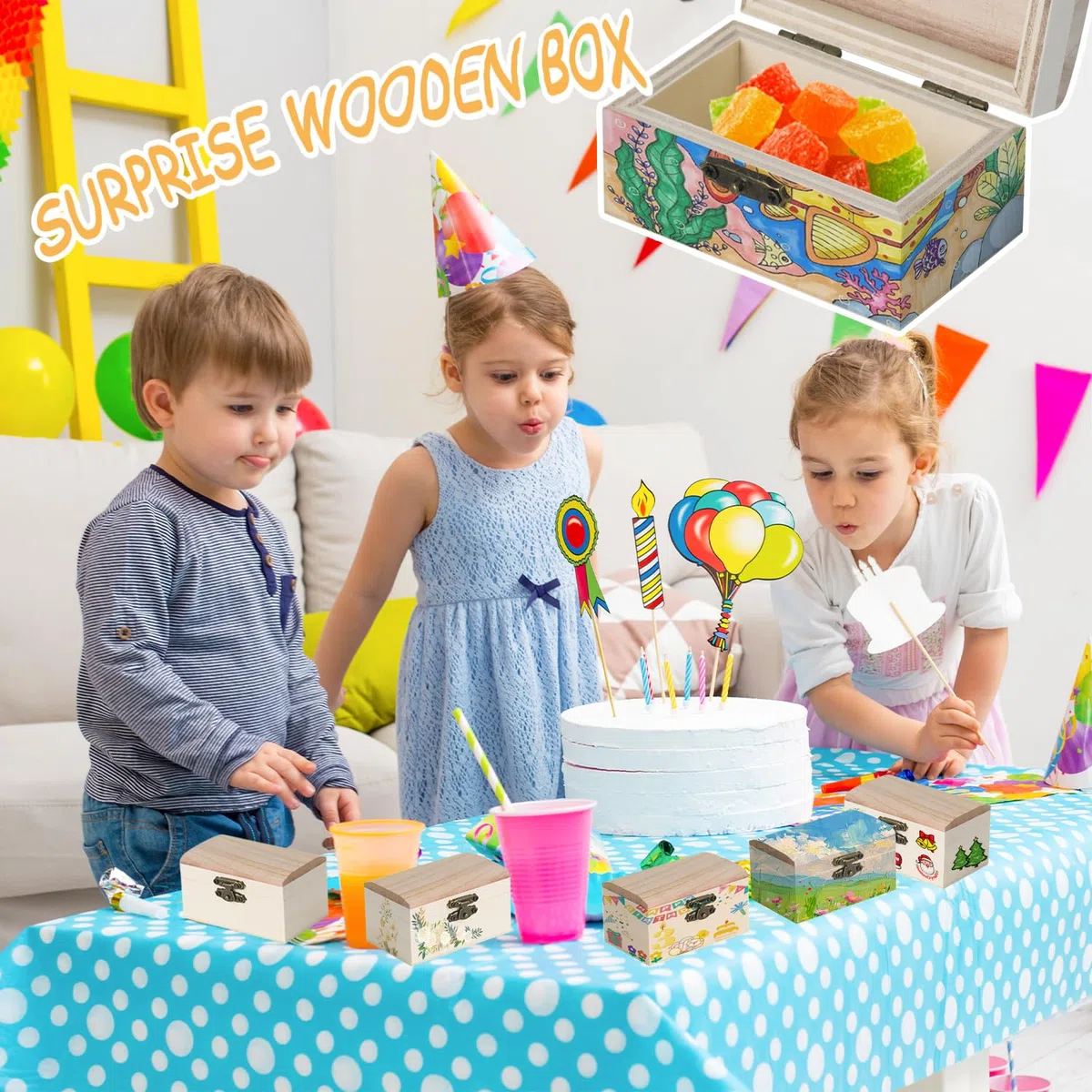 9 Stücke Mini Schatztruhe,DIY Kleine Holzkiste mit Deckel,kleine Holz-Schatzkisten Schatzkiste Kindergeburtstag mit Diamantaufkleber für Bemalen und Basteln Piratenparty Geburtstags (9 Stücke)