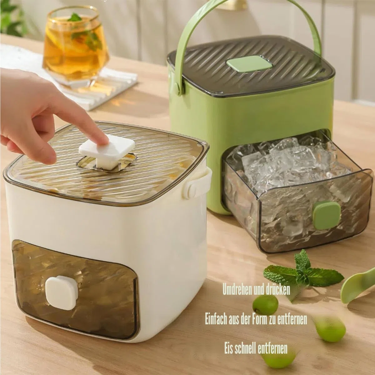 Eiswürfelmaschine Mit Presstyp, Eiswürfelbox Mit Schublade und Aufbewahrungsbehälter, 48 Gitter Wiederverwendbares Eisgitter Für Kaffee-Cocktails und Saft, Ideal Für Home Kitchen Green