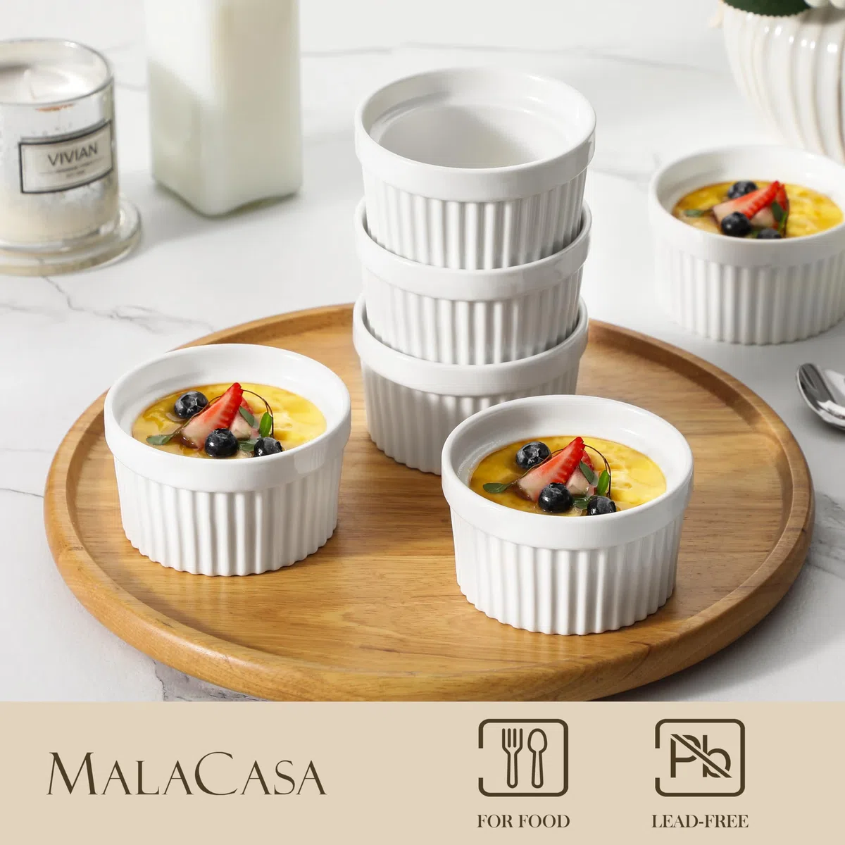 MALACASA, Serie Ramekin, Creme Brulee Schälchen 6er Set, 200ml Souffle Förmchen zum Backen, Souffleeförmchen Backofenfest, Ofenfeste Creme Brulee Schalen, Mini Auflaufform 9,4x5,1cm Weiß