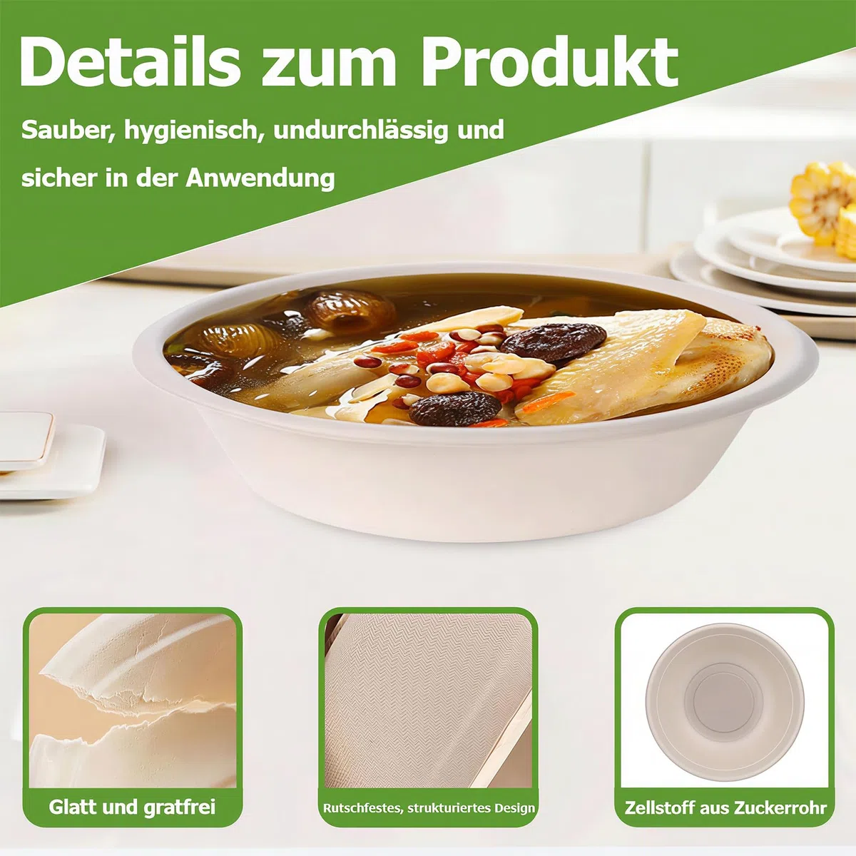 Einweg Suppenschalen, 100 Stück Einwegschüsseln aus Zuckerrohr, 620 ml Biologisch Abbaubar und Kompostierbar für Party Haushalt Picknick Natur