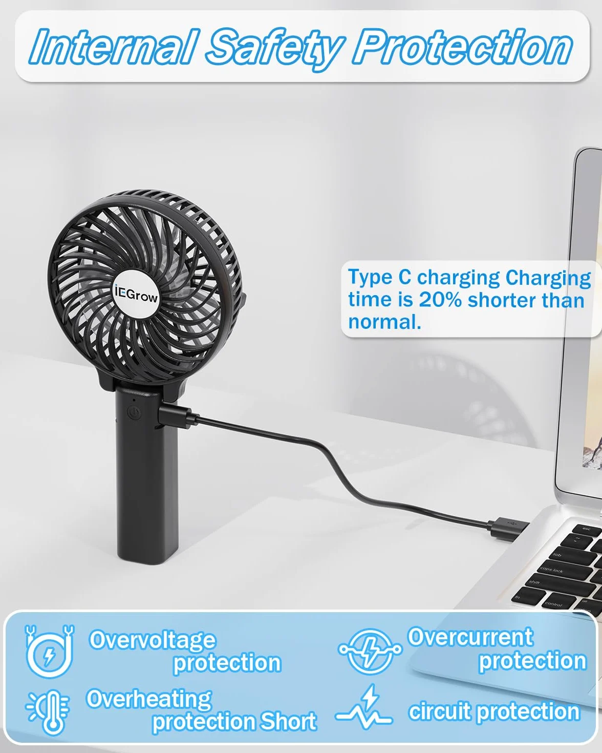 iEGrow Handventilator Tragbarer Mini Ventilatoren USB Wiederaufladbarer [2-9 Betriebsstunden] 3 Geschwindigkeiten Aufladbarem Batterie für Reisen Zuhause(Schwarz)