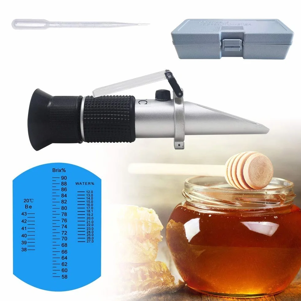 RGBS Honigrefraktometer, Brix, Baume und Wasserfeuchtigkeit 3-in-1 Honigtester mit ATC. 58-90% Brix, 38-43 Be' und 12-27% Wasserfeuchte-Messbereich für Honig, Bienenzucht