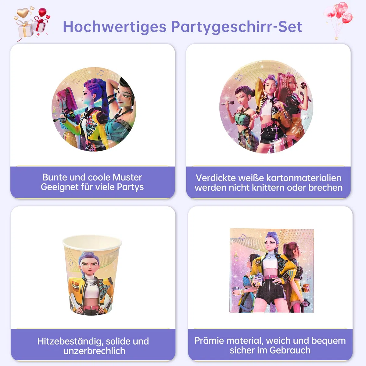 Huntrix Partygeschirr Set, 80 Stück Pappgeschirr für 20 Personen mit Pappteller Servietten, Bunte Große & Kleine Papier Teller, Cool Geburstag Party Geschirrset Tischdeko Zubehör für Mädchen