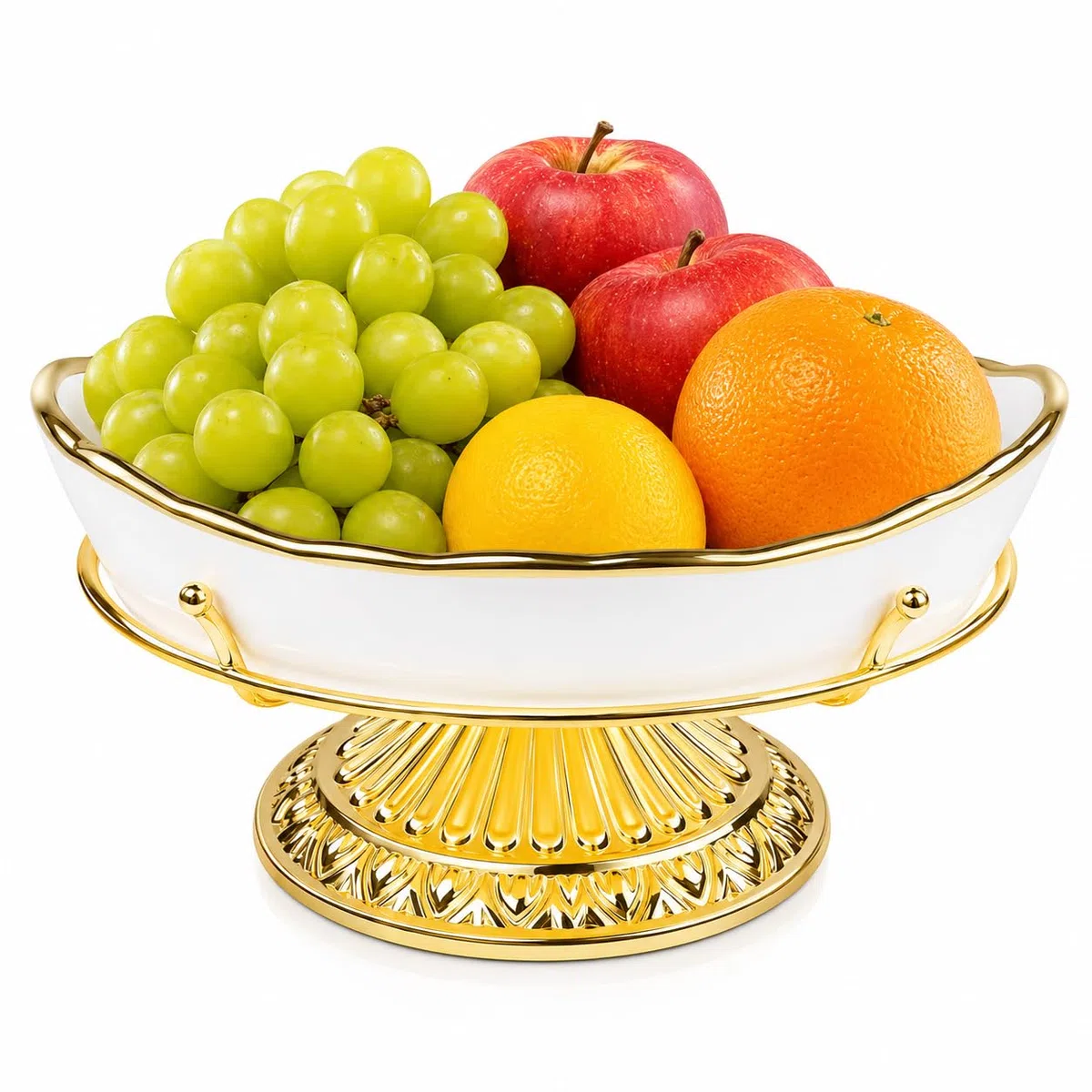 Luxus Obstschale Gold Weiß mit Fuß, Dekorative Keramik Schale, Moderner Obstkorb & Wohnzimmertisch Deko für Küche Esszimmer, Elegante Servierschale & Tischdeko für Obst Snacks Süßigkeiten