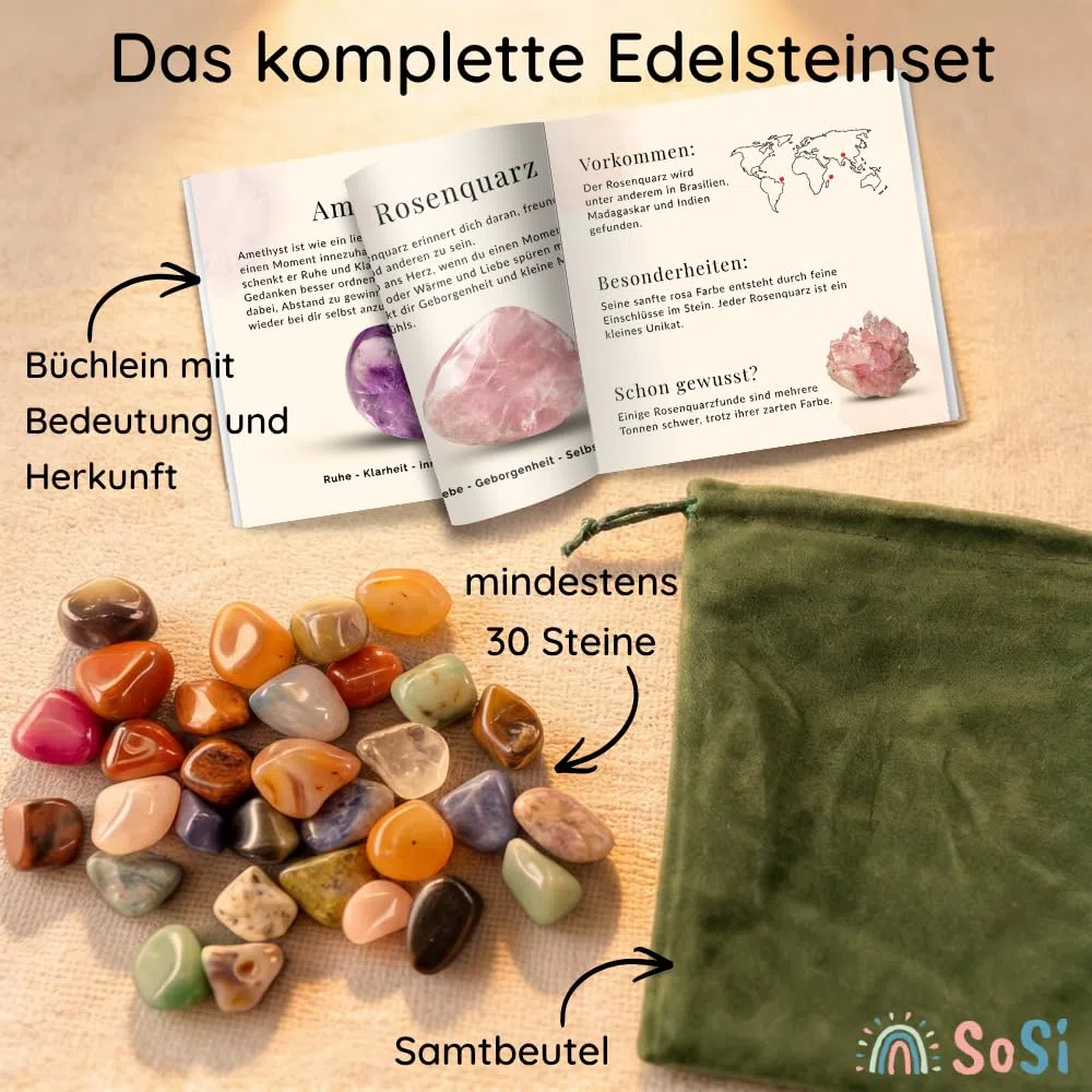 SoSi Edelsteinmix im grünen Samtbeutel, min. 30 echte Trommelsteine 2-3cm, 450g, Glückssteine, Halbedelsteine, Heilsteine, Amethyst, Tigerauge, Rosenquarz inkl. Buch „Steinmomente