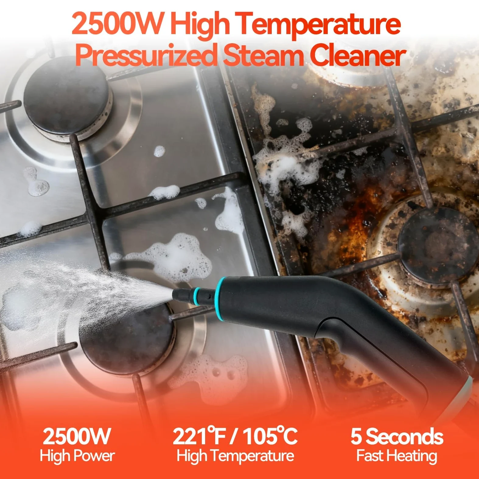 Dampfreiniger Handgerät, 6-Gang Steam Cleaner mit Großem Tank & 10 Zubehör, 10s Schnellheizungs Handdampfreiniger für Küche, Bad, Auto Detailing, Fliesen & Boden Reinigung