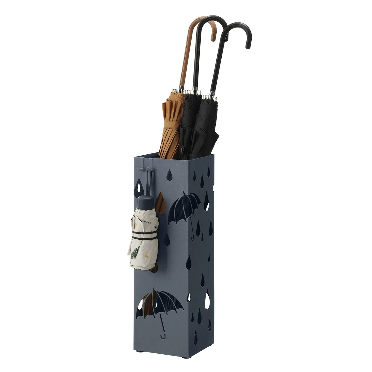 SONGMICS Regenschirmständer aus Metall, Schirmständer, quadratisch, mit Wasserauffangschale und 4 Haken, 15,5 x 15,5 x 49 cm, anthrazit LUC049G01