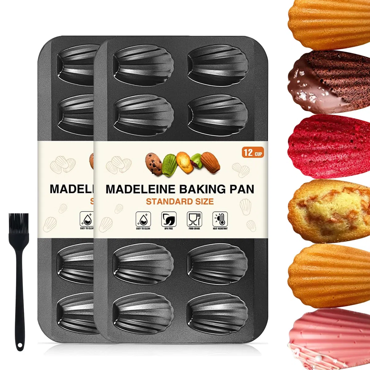 OAMCEG Madeleines Backform, 12 Mulden 2 Stück Madeleine Form, Antihaftbeschichtet Karbonstahl mit Backpinsel für Ofen Backen Schokolade Brownies Kekse