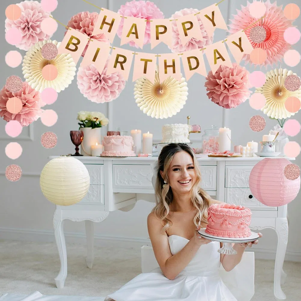 Geburtstagsdeko Beige Rosa Boho Geburtstag Party Deko Mädchen Frauen Seidenpapier Pom Poms Happy Birthday Girlande Boho Rosa Beige Party Deko
