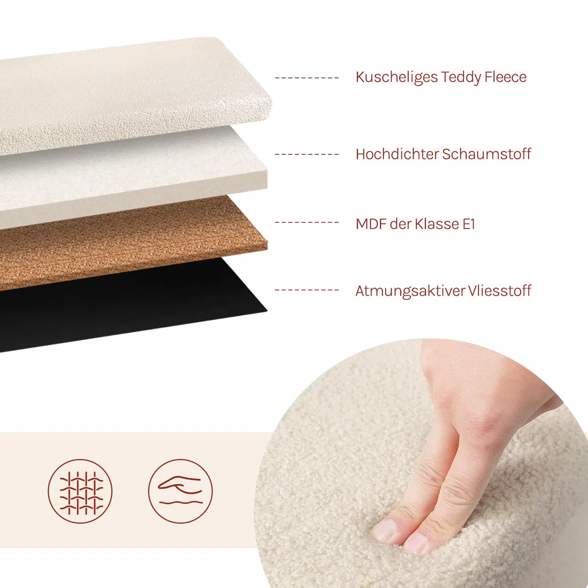 WOLTU Sitzhocker mit Stauraum, für Wohnzimmer Schlafzimmer Flur, klappbare Sitztruhe mit Deckel, aus Teddyfleece und MDF, 80 L, 76 x 37 x 38 cm, Beige