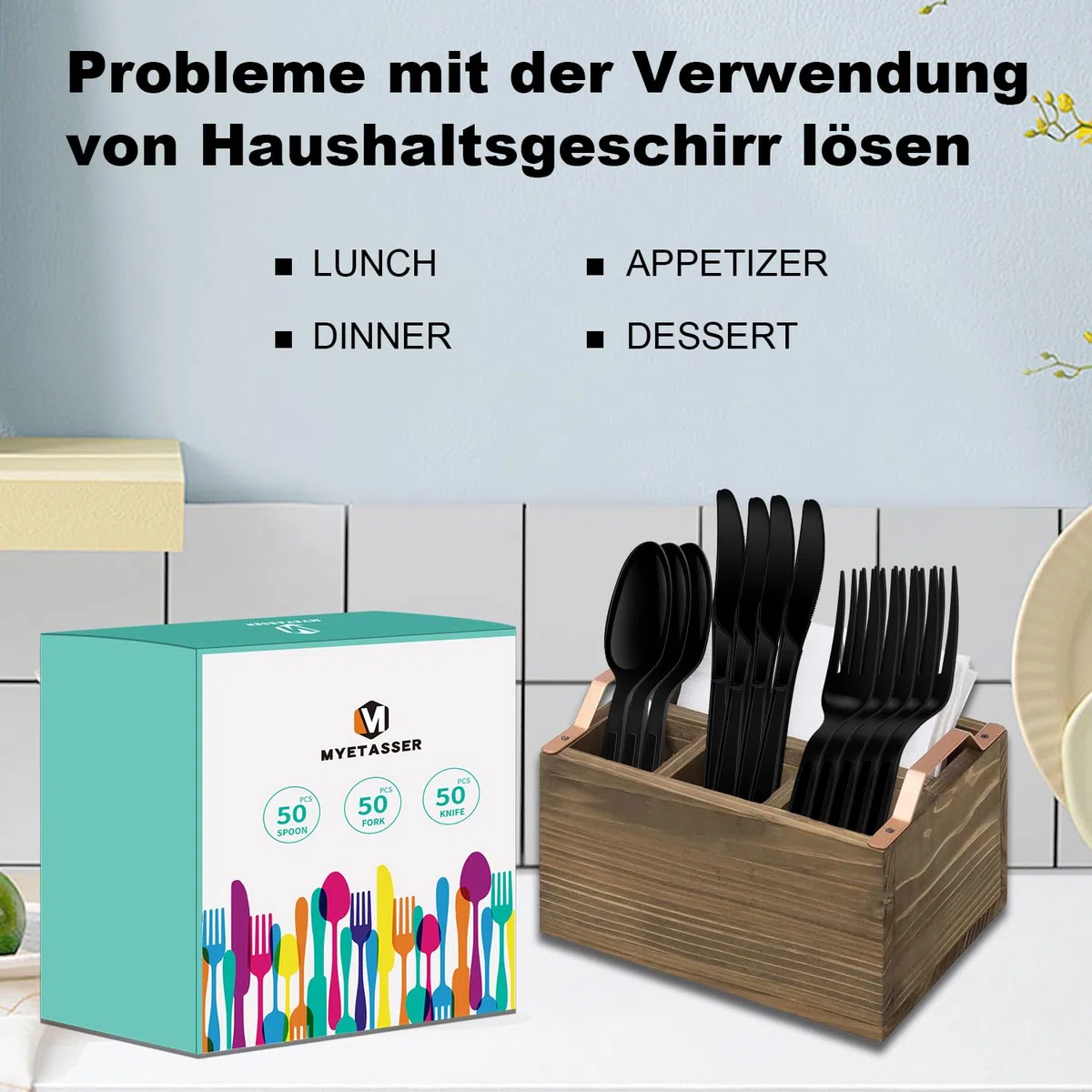 150 Stück Plastikbesteck, Strapazierfähiges Besteck Set aus Kunststoff, Wiederverwendbar, Partyutensilien, Familienfeiern, schwarz 1