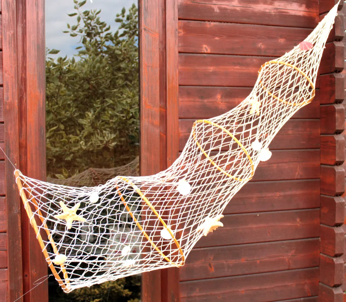 große Deko Reuse 135cm x 36cm 4 Bambus Ringe Fischernetz Dekonetz + Muscheln | 4 Bambus-Ringe, Baumwollnetz beige, Maschengröße 3cm, Maritime Dekoration