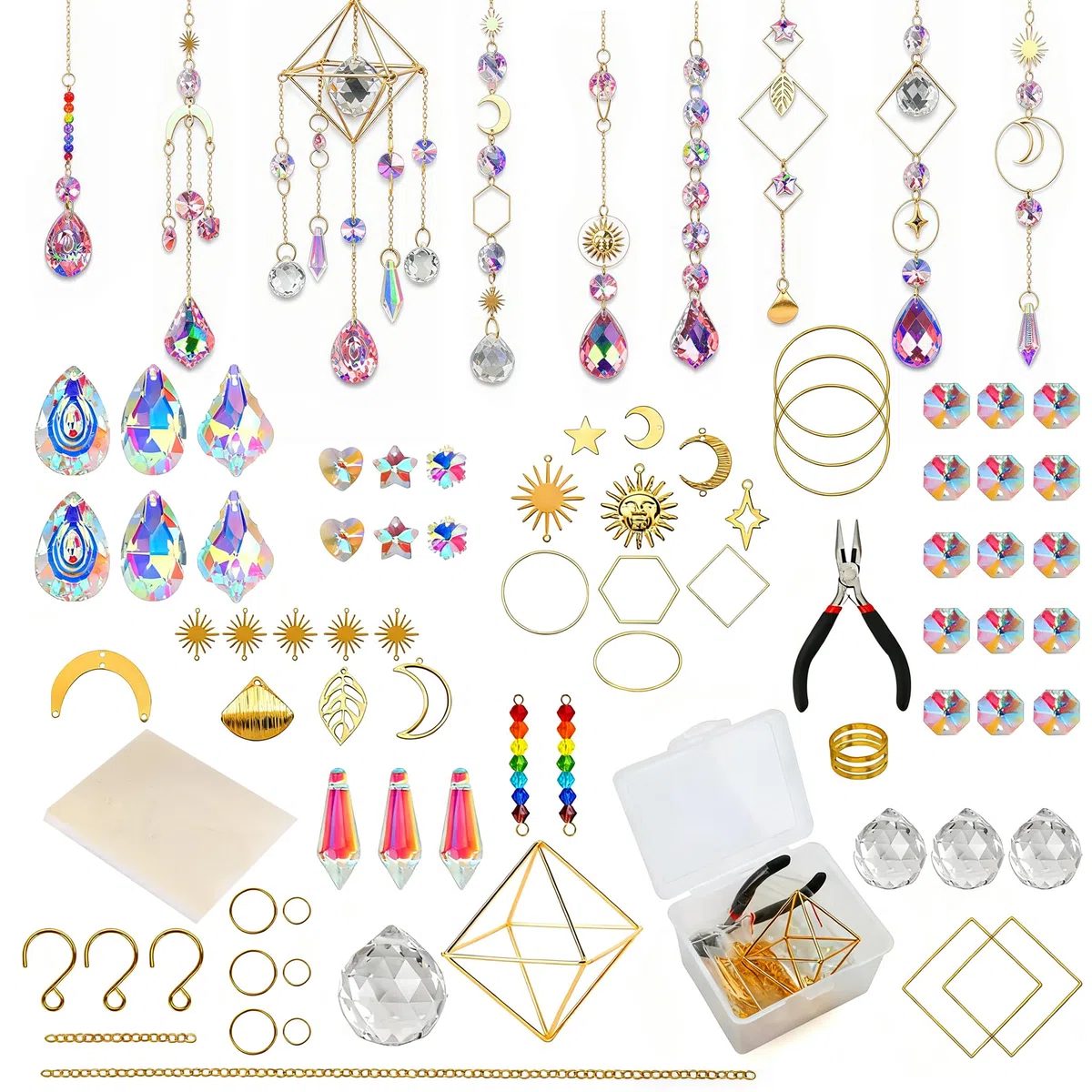 Bryzal 400 Teile Sonnenfänger Kristall Bastelset, Kreatives DIY Set zur Herstellung von Einzigartigen Sonnenfängern, Suncatcher Windspiel Basteln mit Funkelnden Kristallen Werkzeugen Zubehör