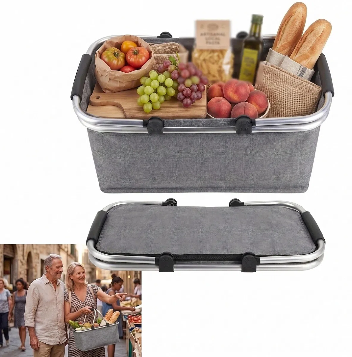 Einkaufskorb Faltbar, Einkaufskorb mit Kühlfunktion, Thermo als Picknickkorb, Tragekorb, für Picknick, Reisen, Einkaufen,18L(Grau)
