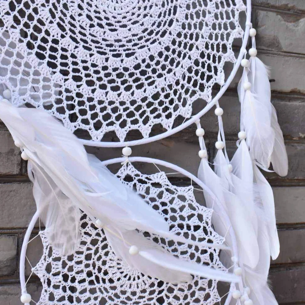 Extra Großer Traumfänger im Boho-Stil, mit 3 Kreisen, weißer Feder, Makramee, Wandbehang für Vintage-Hochzeit oder zur Heimdekoration, 35 cm Kreis, 110 cm lang