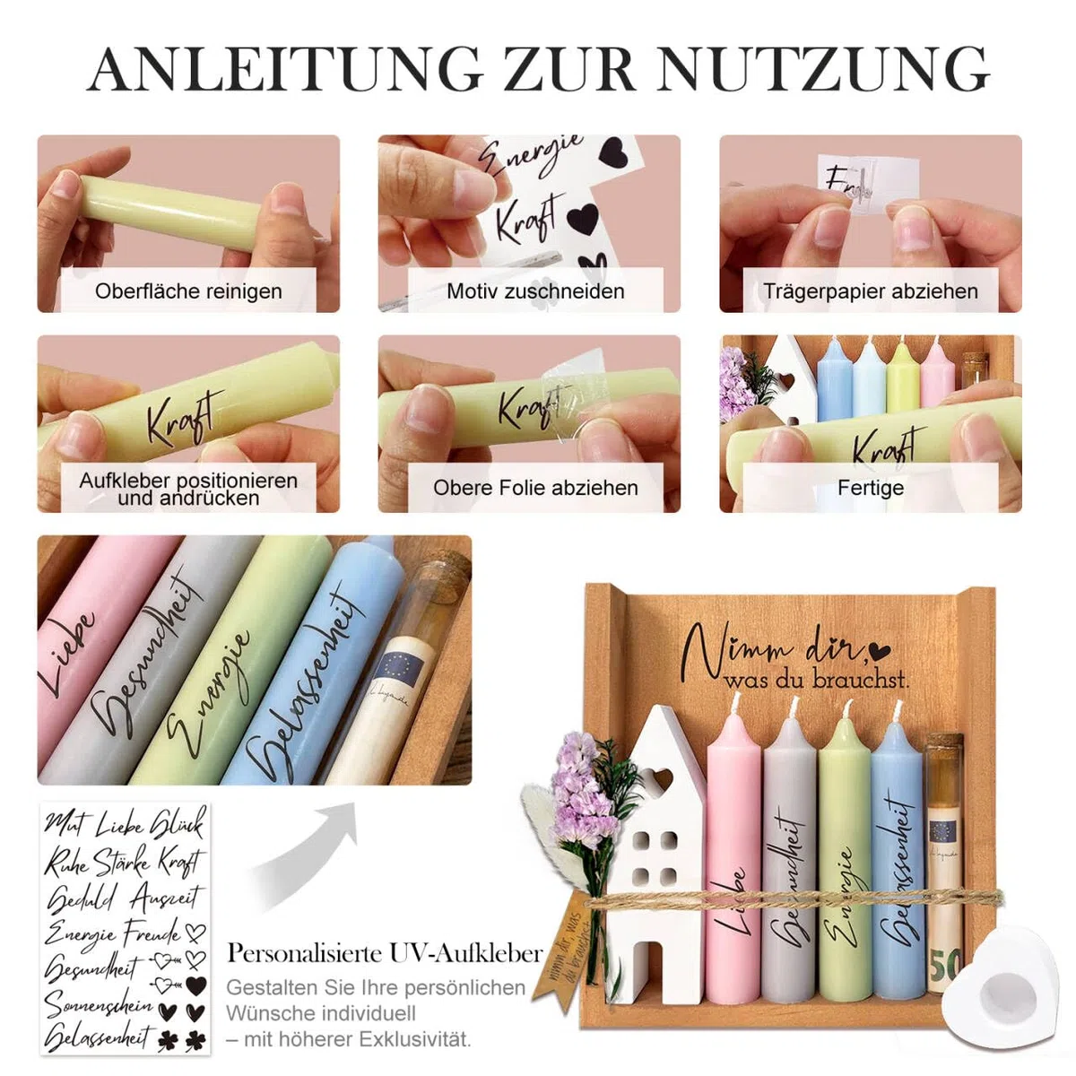 Nimm dir was du brauchst Kerzen Geschenkset für Frauen Freundin Geschenke mit Kerzenständer, Kerze mit Spruch Geschenk, Kerzenhalter Holzkiste, Geldgeschenke mit Kerzen Deko