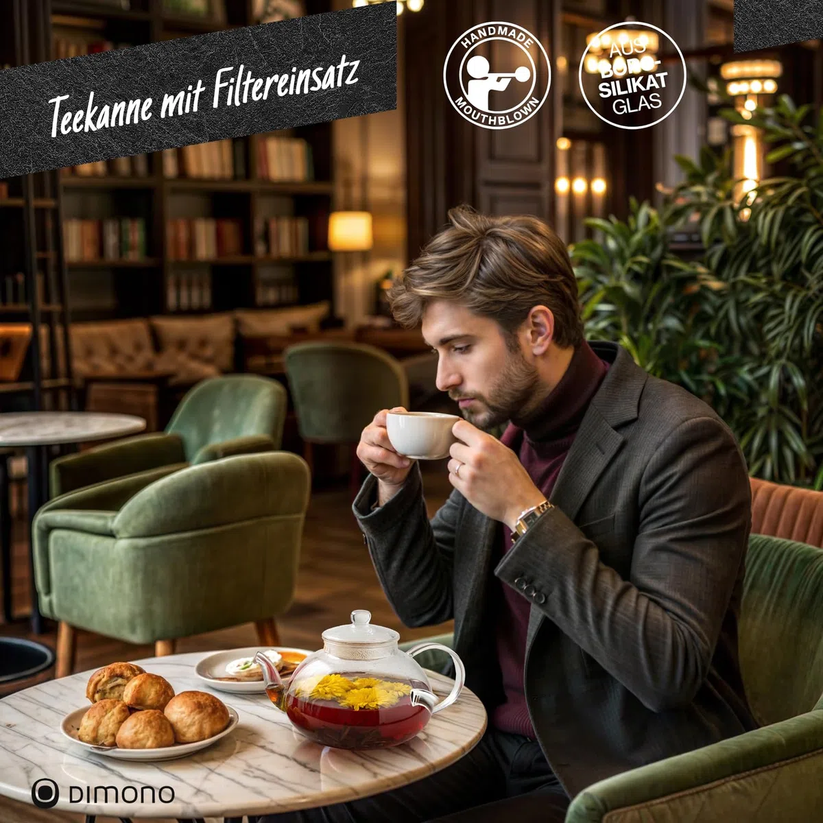 Mundgeblasene Teekanne mit Teefilter & Teesieb Kanne mit Filtereinsatz aus Glas von Dimono; 1500 ml