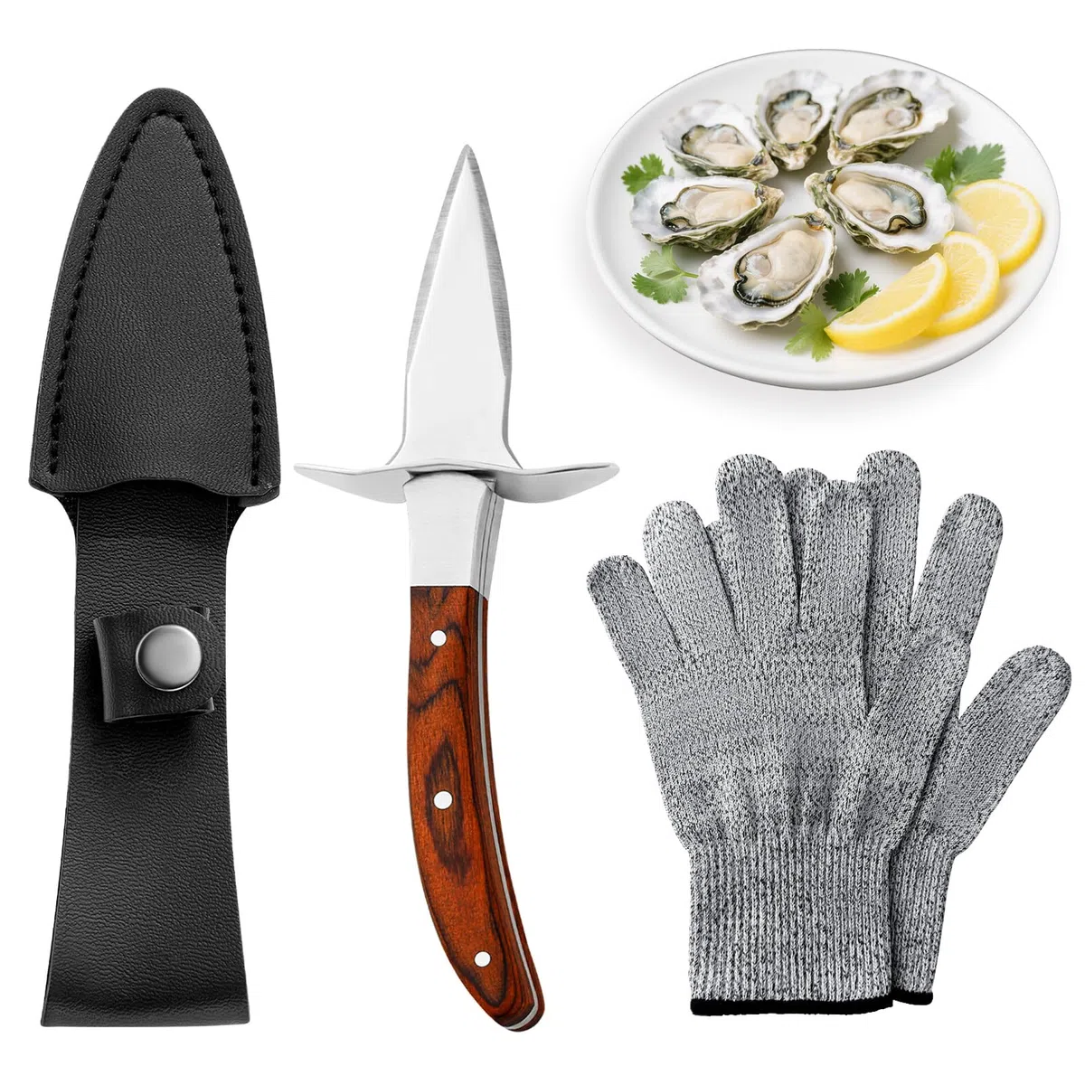 Austernmesser - Austermesser-Set mit 1 Paar Schutzhandschuhe und 1 Leder-Messerschale, Professioneller Austernöffner aus Edelstahl, Holzgriff, Geeignet für Schalentiere oder Harten Käse