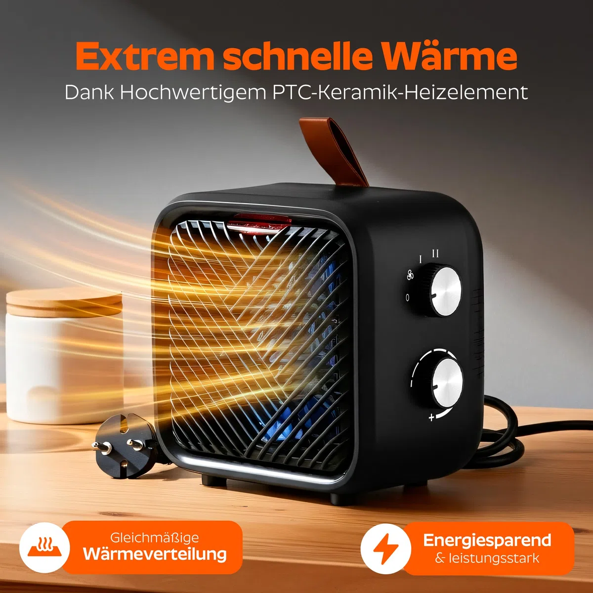 ONBEST 3 in 1 Keramik Elektro Heizlüfter – Elektroheizung klein & leiser Heizungslüfter mit Thermostat (1000/1500 W + 4 W Ventilator), energiesparender elektrischer Heizer/Heizgebläse für Innenräume