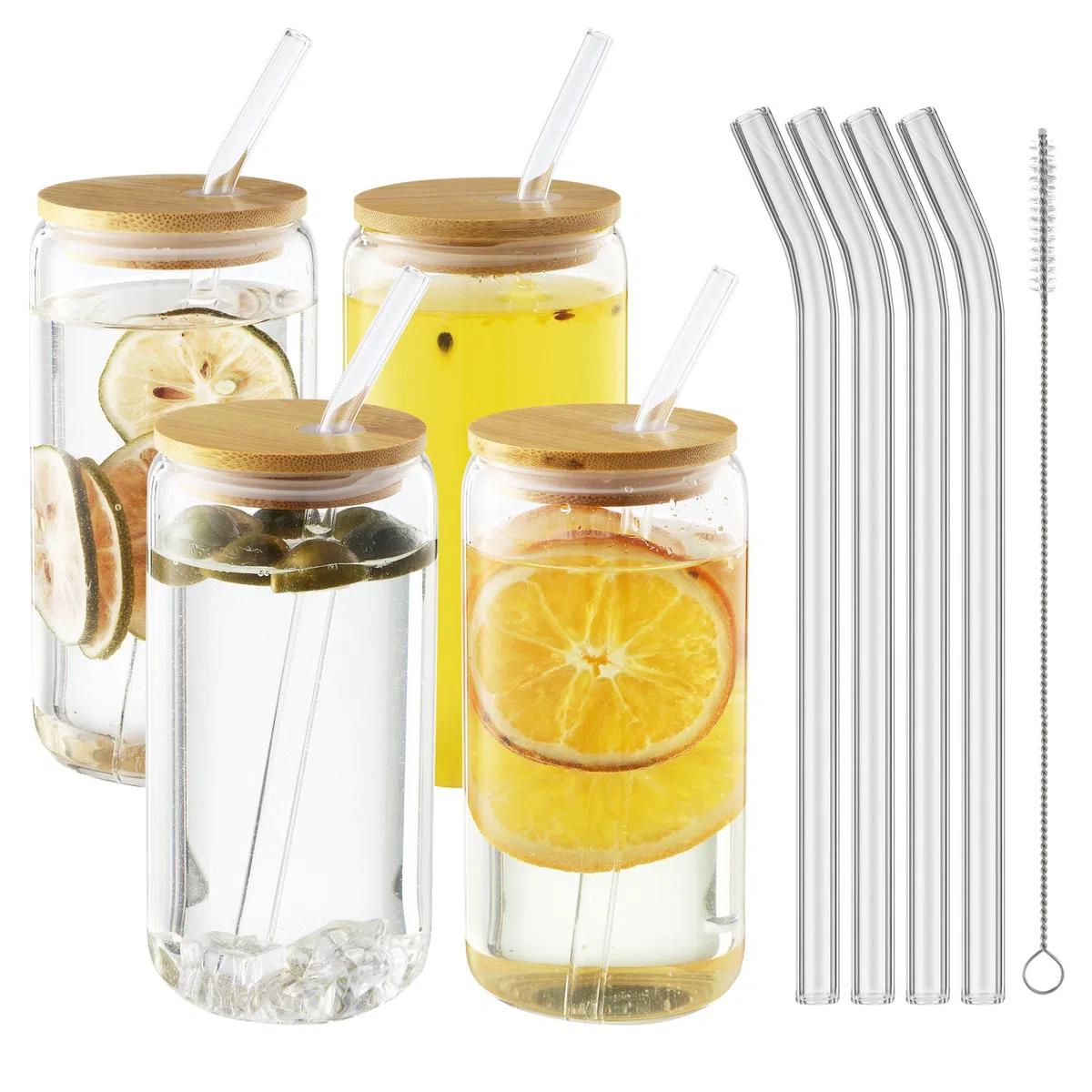 HAOYULUO 4er Set Glas mit Deckel und Strohhalm, 500 ml Trinkgläser mit deckel, Dosenförmige Glasbecher, Geeignet für Eiskaffeetassen, Limonaden, Smoothies, Bier, Cocktails (500ML, 4, stück)
