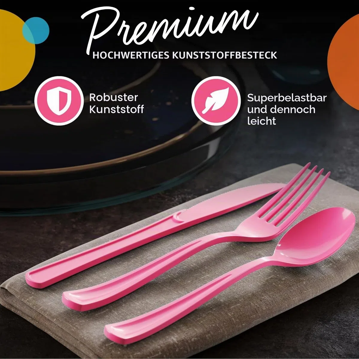 Kunststoffbesteck für 6 Personen - Dunkelrosa - 18-teilig, Hot Pink
