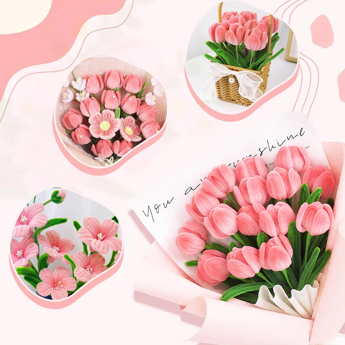 FACIACC 600 Stück Tulpenstraußes Pfeifenreiniger Blumen Set, Chenille-Blumenstiele in 6 Farben für Selbstgemachte Blumensträuße, inklusive Blumendraht, Klebeband, Staubgefäßen, Geschenkpapier, Schere